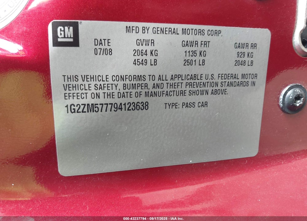 2009 PONTIAC G6 VIN: 1G2ZM577794123638