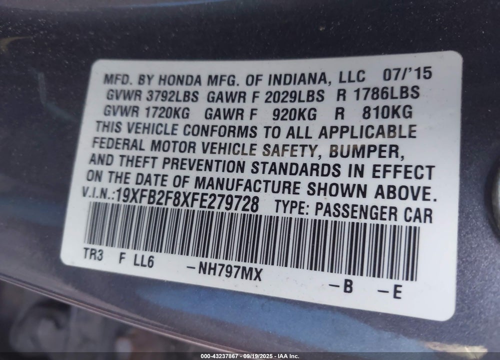 2015 HONDA CIVIC VIN: 19XFB2F8XFE279728