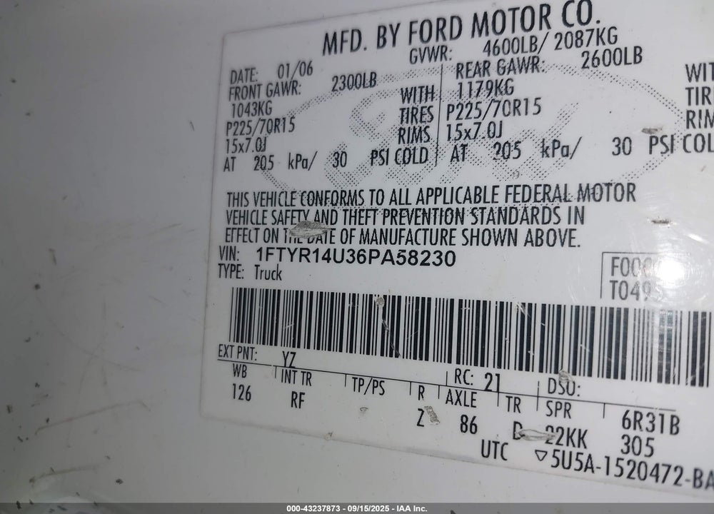 2006 FORD RANGER SPORT/STX/XL/XLT VIN: 1FTYR14U36PA58230