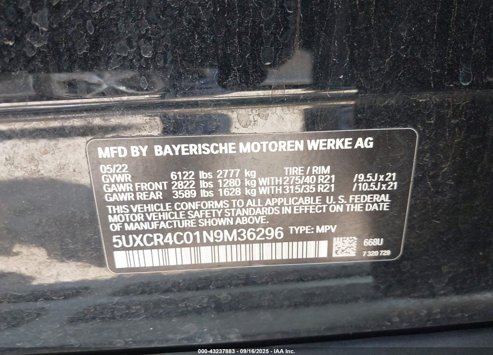 2022 BMW X5 VIN: 5UXCR4C01N9M36296