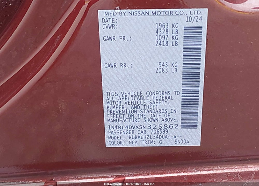2025 NISSAN ALTIMA VIN: 1N4BL4DVXSN325862