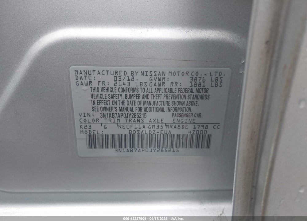 2018 NISSAN SENTRA VIN: 3N1AB7AP0JY285215
