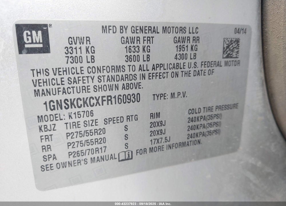 2015 CHEVROLET TAHOE LTZ VIN: 1GNSKCKCXFR160930