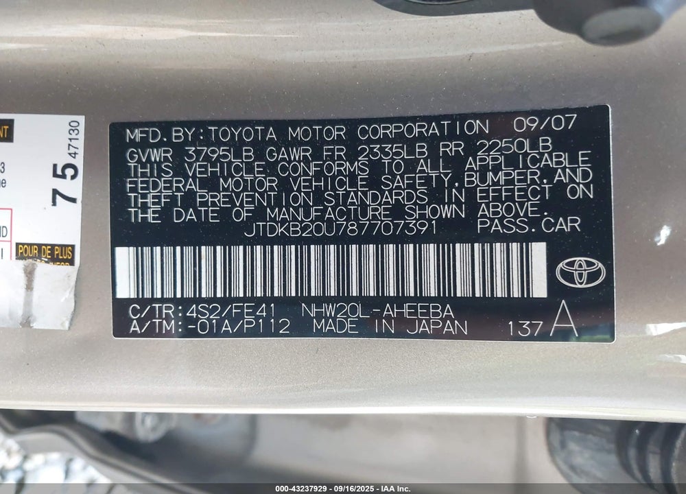 2008 TOYOTA PRIUS VIN: JTDKB20U787707391