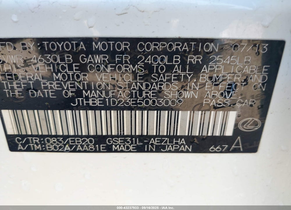 2014 LEXUS IS 350 VIN: JTHBE1D23E5003009