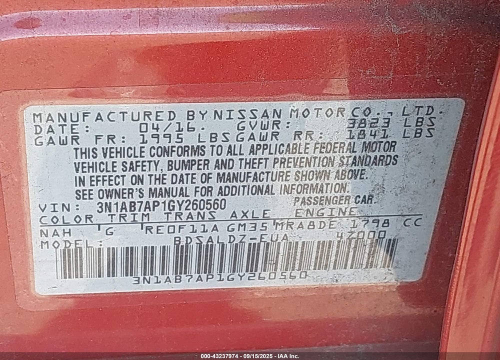 2016 NISSAN SENTRA SV VIN: 3N1AB7AP1GY260560