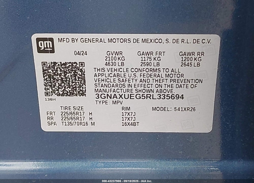 2024 CHEVROLET EQUINOX VIN: 3GNAXUEG5RL335694
