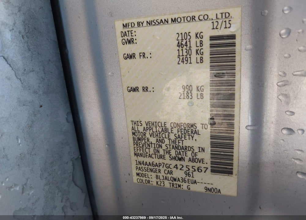 2016 NISSAN MAXIMA VIN: 1N4AA6AP7GC425567