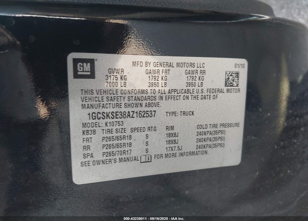 2010 CHEVROLET SILVERADO 1500 VIN: 1GCSKSE38AZ162537