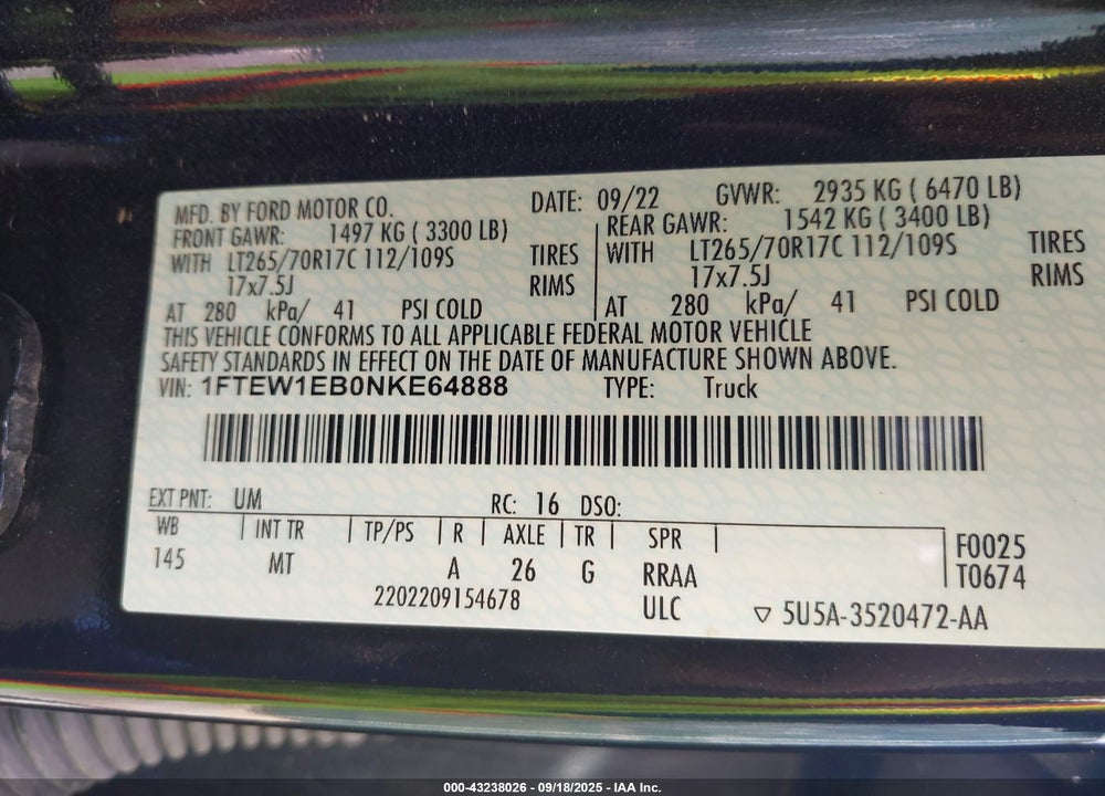 2022 FORD F-150 XLT VIN: 1FTEW1EB0NKE64888