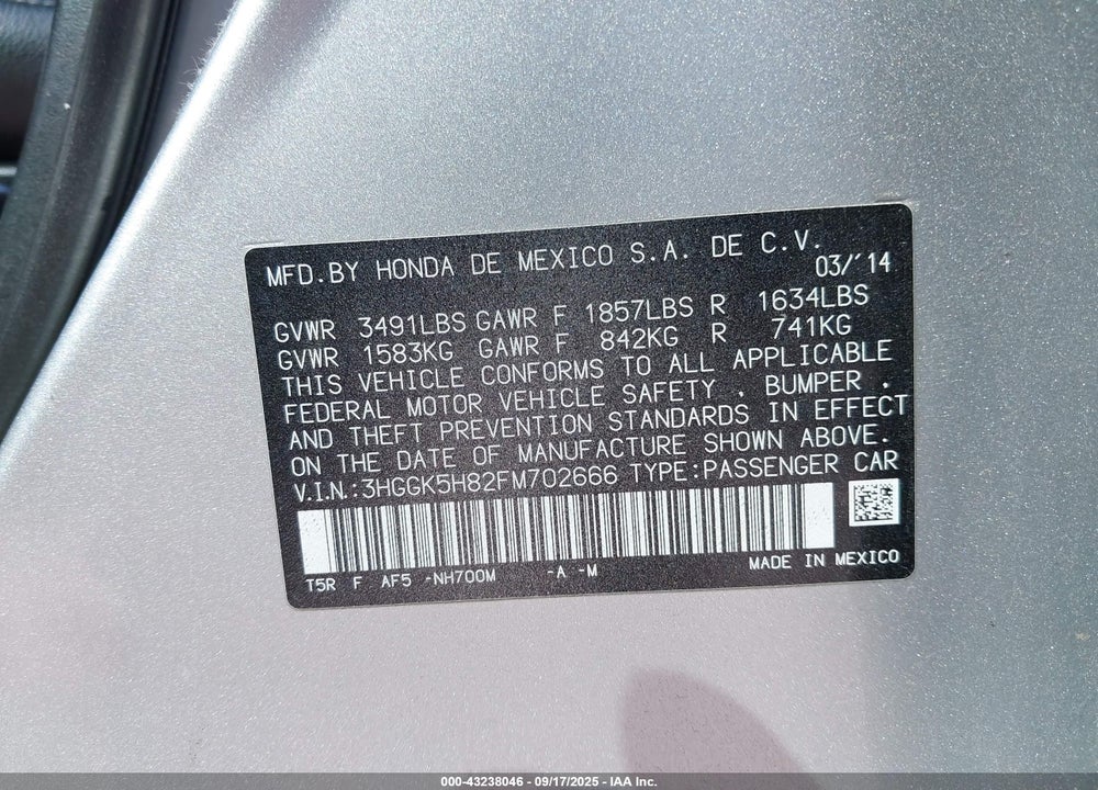 2015 HONDA FIT VIN: 3HGGK5H82FM702666