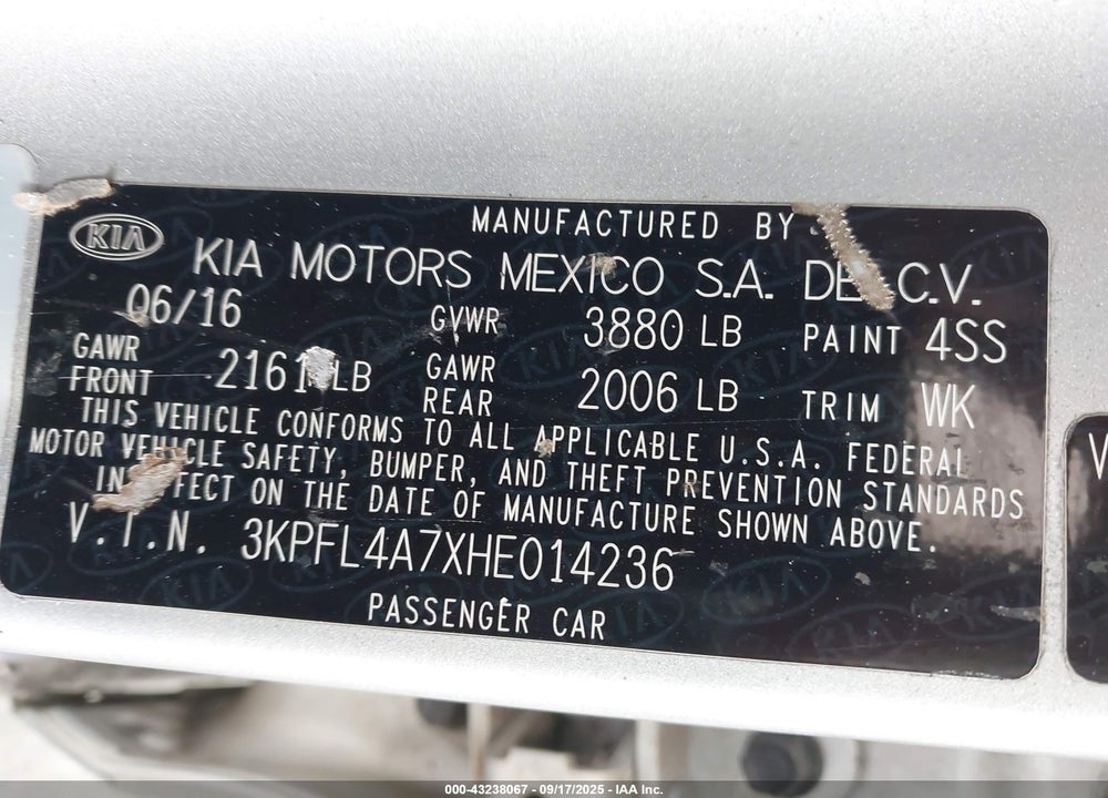 2017 KIA FORTE VIN: 3KPFL4A7XHE014236