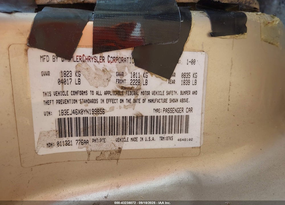 2000 DODGE STRATUS SE VIN: 1B3EJ46X0YN199856