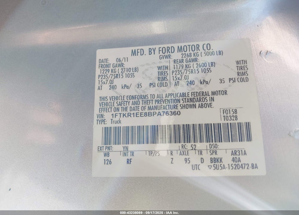 2011 FORD RANGER SPORT VIN: 1FTKR1EE8BPA76360