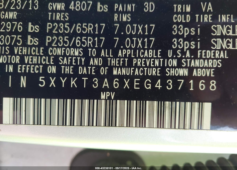 2014 KIA SORENTO VIN: 5XYKT3A6XEG437168