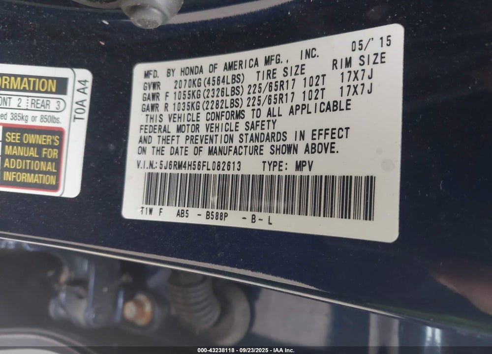 2015 HONDA CR-V VIN: 5J6RM4H56FL082613