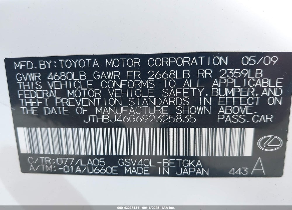 2009 LEXUS ES 350 VIN: JTHBJ46G692325835