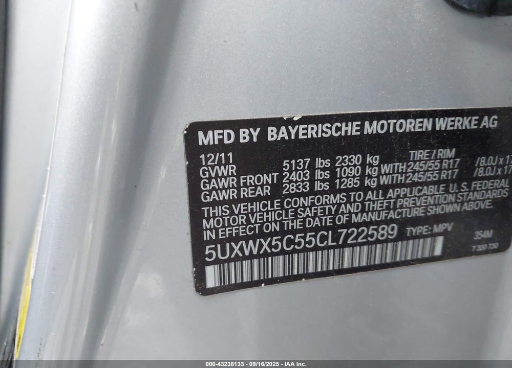 2012 BMW X3 VIN: 5UXWX5C55CL722589