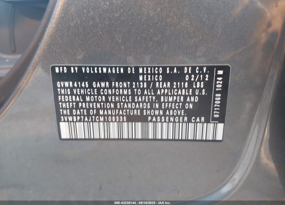 2012 VOLKSWAGEN JETTA VIN: 3VWBP7AJ7CM106335