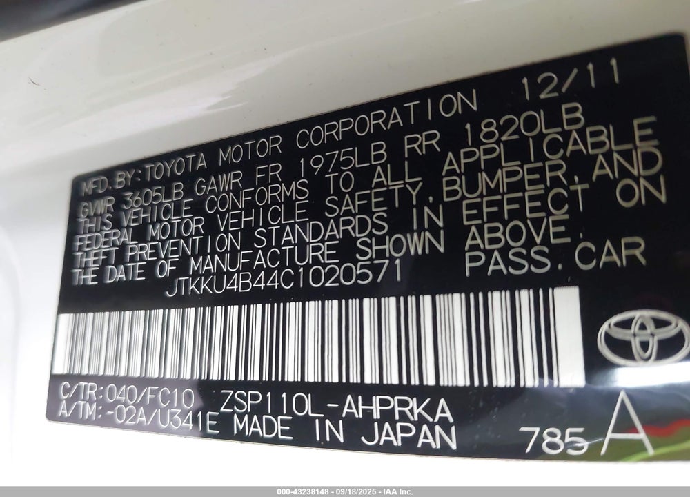 2012 SCION XD VIN: JTKKU4B44C1020571