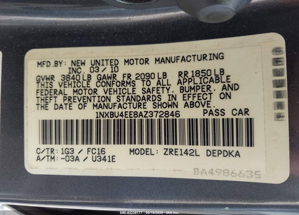 2010 TOYOTA COROLLA VIN: 1NXBU4EE8AZ372846
