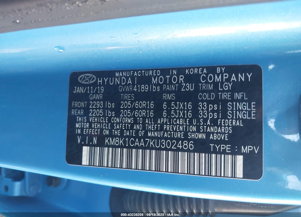 2019 HYUNDAI KONA SE VIN: KM8K1CAA7KU302486