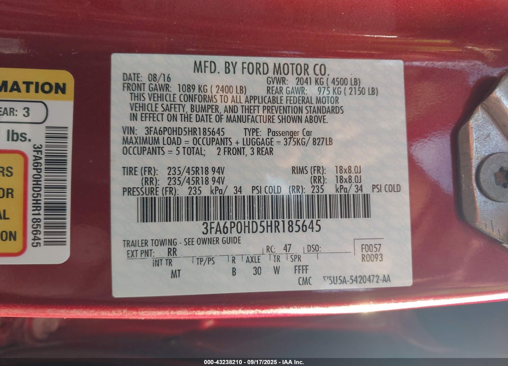 2017 FORD FUSION VIN: 3FA6P0HD5HR185645