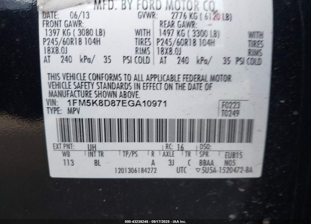 2014 FORD EXPLORER VIN: 1FM5K8D87EGA10971
