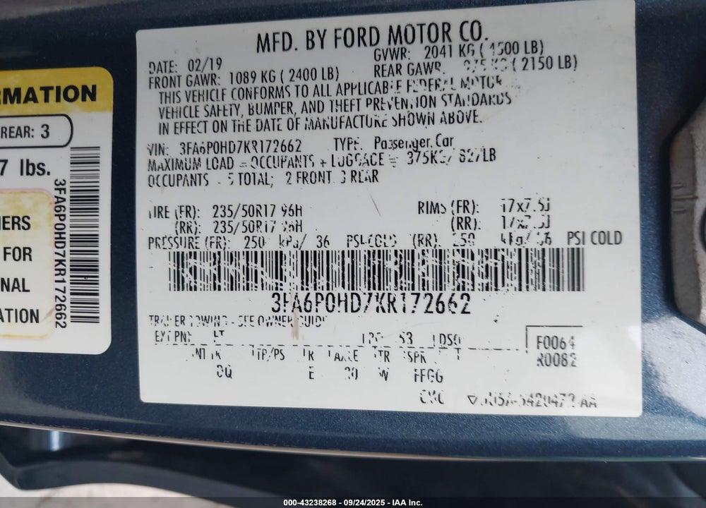 2019 FORD FUSION VIN: 3FA6P0HD7KR172662