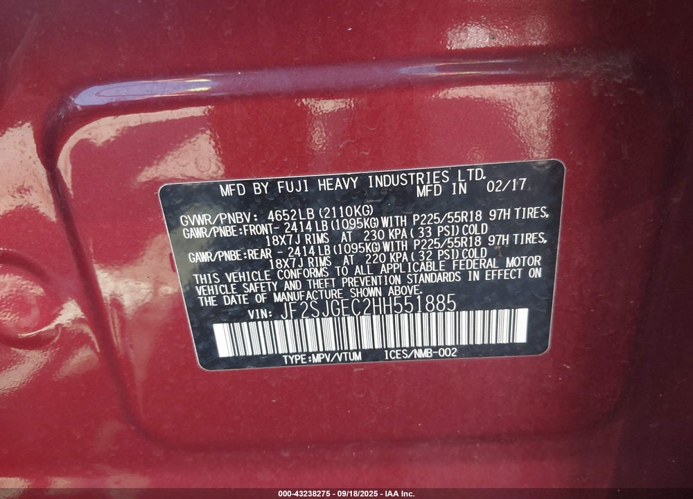 2017 SUBARU FORESTER VIN: JF2SJGEC2HH551885