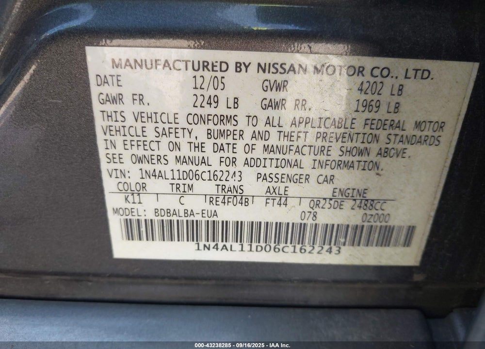 2006 NISSAN ALTIMA 2.5 S VIN: 1N4AL11D06C162243