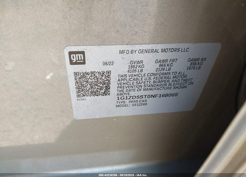 2022 CHEVROLET MALIBU FWD LT VIN: 1G1ZD5ST0NF168069