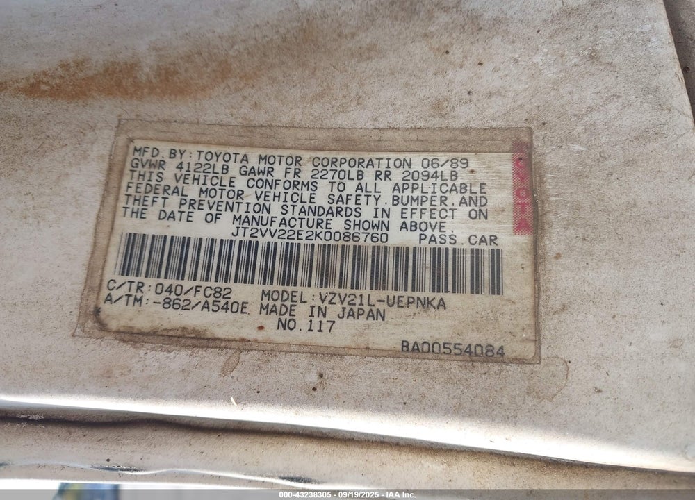 1989 TOYOTA CAMRY LE VIN: JT2VV22E2K0086760