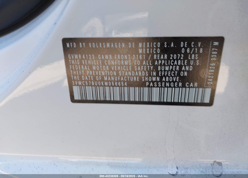 2019 VOLKSWAGEN JETTA 1.4T R-LINE/1.4T S/1.4T SE VIN: 3VWC57BU0KM056654