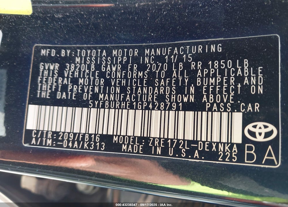 2016 TOYOTA COROLLA VIN: 5YFBURHE1GP428791