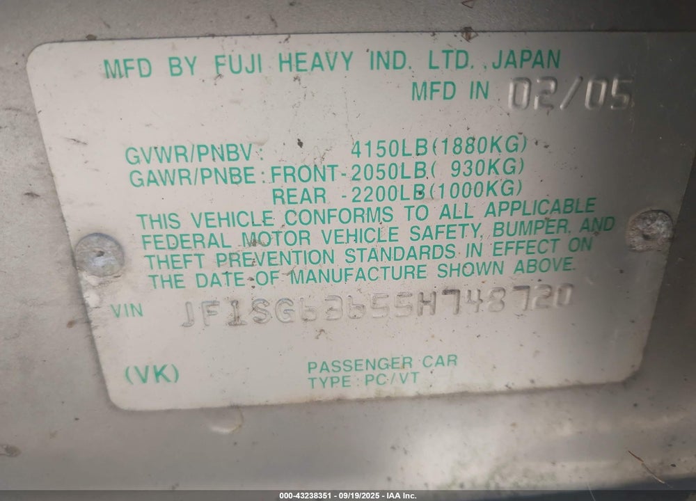 2005 SUBARU FORESTER 2.5X VIN: JF1SG63655H748720