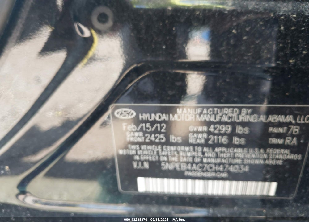2012 HYUNDAI SONATA VIN: 5NPEB4AC7CH474034