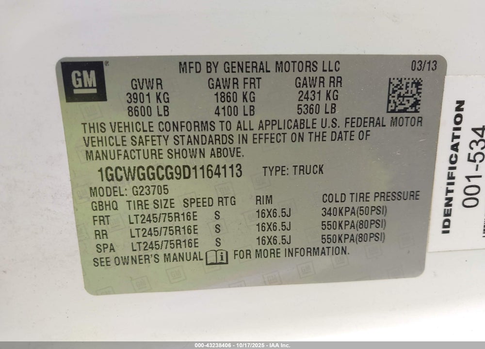 2013 CHEVROLET EXPRESS 2500 WORK VAN VIN: 1GCWGGCG9D1164113