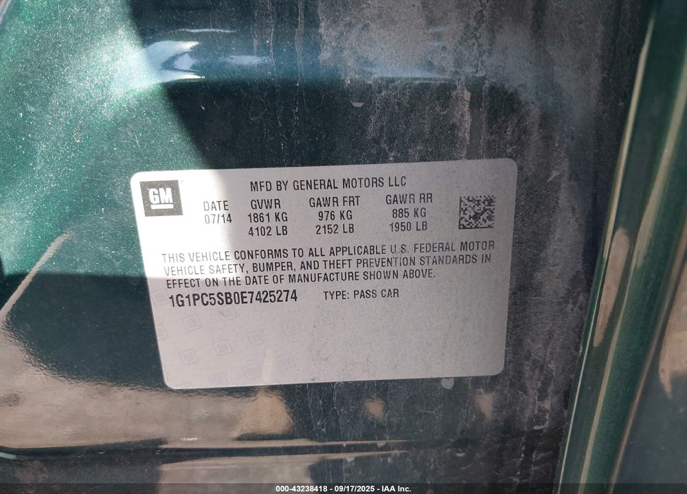 2014 CHEVROLET CRUZE VIN: 1G1PC5SB0E7425274