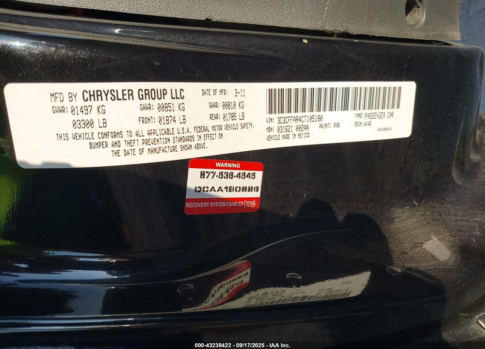 2012 FIAT 500 VIN: 3C3CFFAR4CT105180