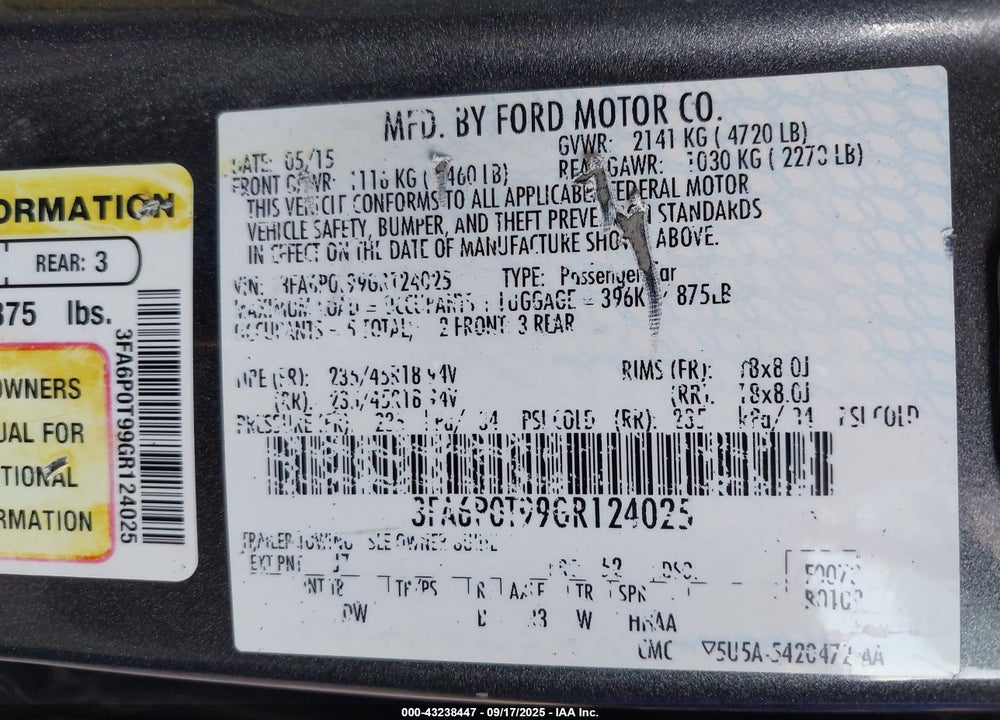 2016 FORD FUSION VIN: 3FA6P0T99GR124025