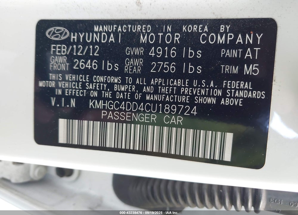 2012 HYUNDAI GENESIS VIN: KMHGC4DD4CU189724