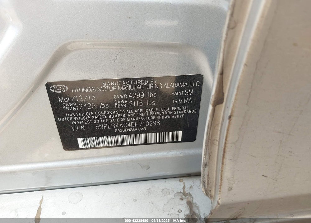 2013 HYUNDAI SONATA VIN: 5NPEB4AC4DH710298