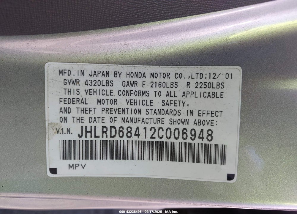 2002 HONDA CR-V LX VIN: JHLRD68412C006948