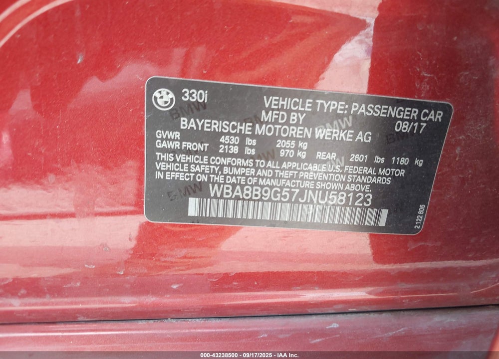 2018 BMW 3 SERIES VIN: WBA8B9G57JNU58123