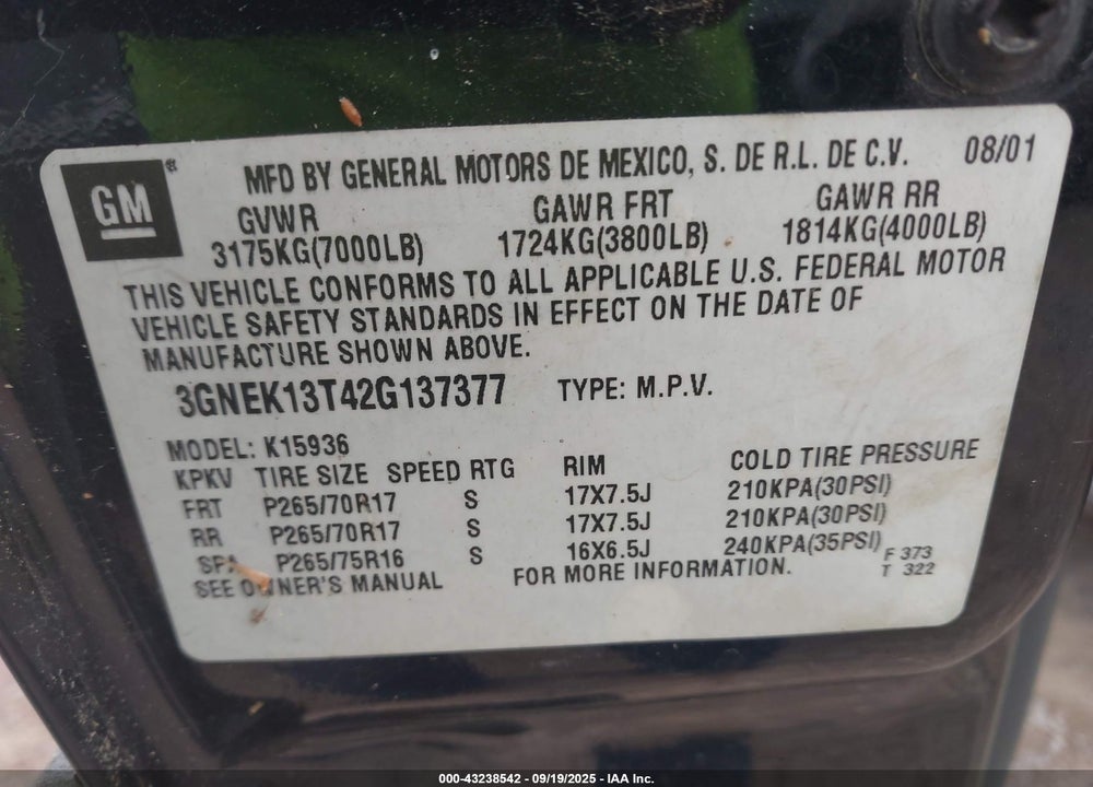 2002 CHEVROLET AVALANCHE 1500 VIN: 3GNEK13T42G137377