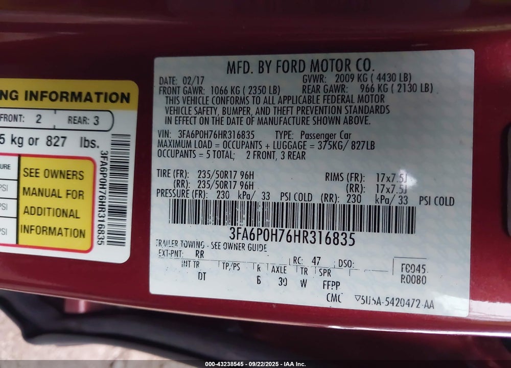 2017 FORD FUSION SE VIN: 3FA6P0H76HR316835
