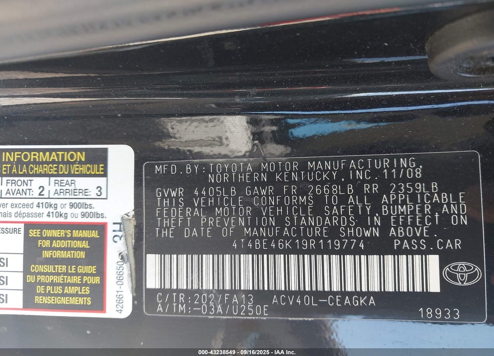 2009 TOYOTA CAMRY VIN: 4T4BE46K19R119774