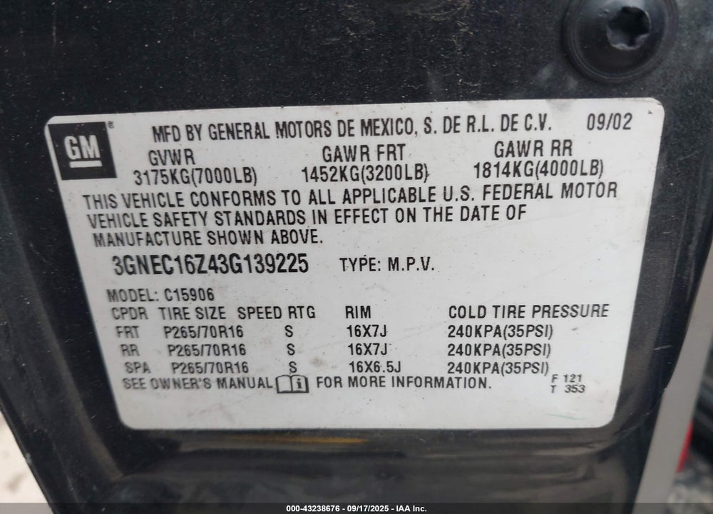 2003 CHEVROLET SUBURBAN 1500 VIN: 3GNEC16Z43G139225