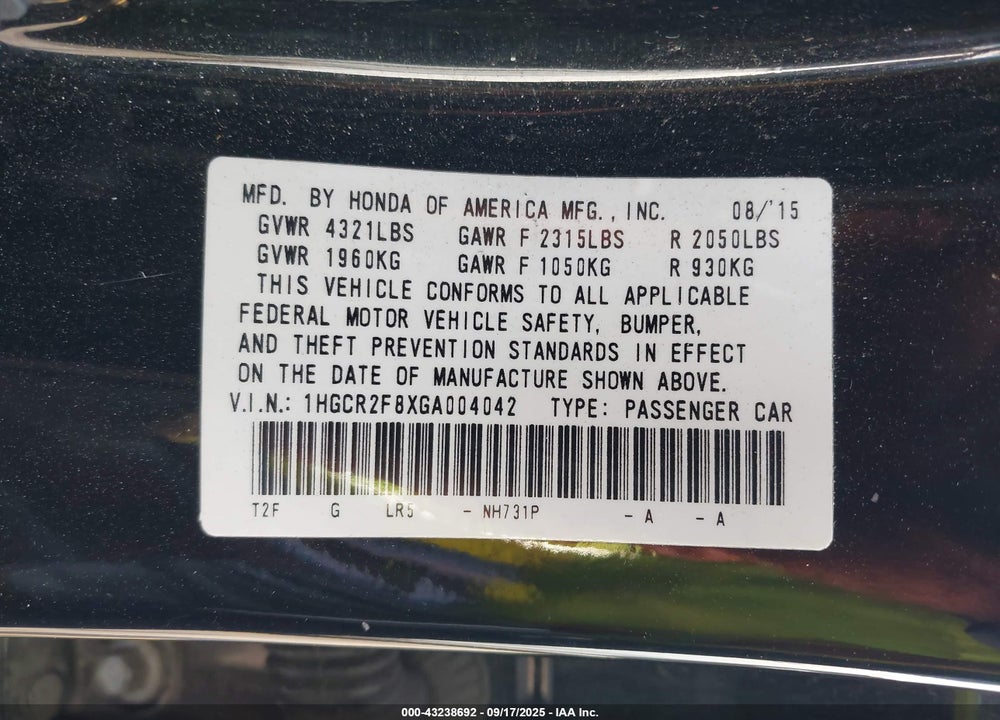 2016 HONDA ACCORD VIN: 1HGCR2F8XGA004042